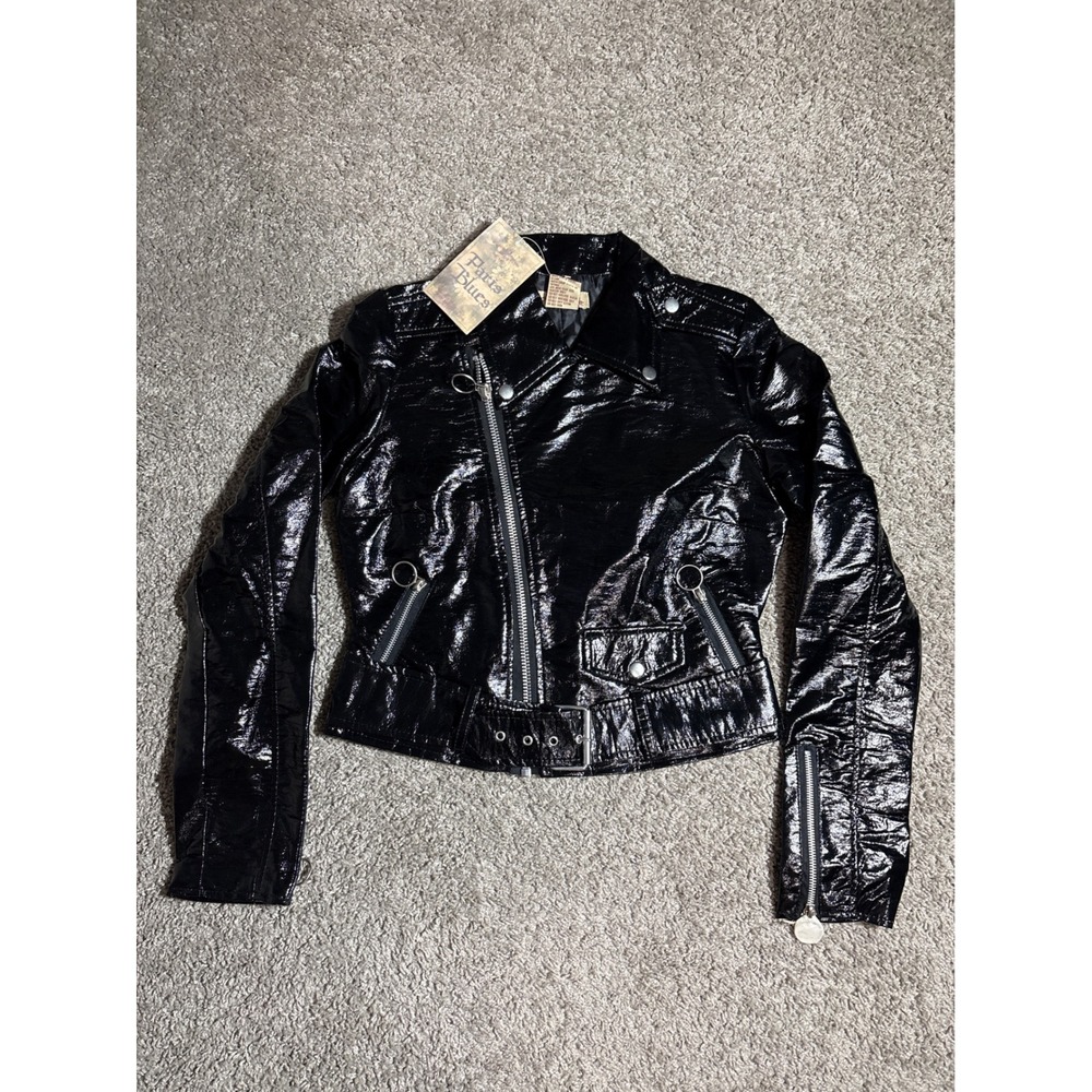 Y2K Paris Blues NWT Black Patent Faux Leather Moto Biker Jacket Cropped Belted M
